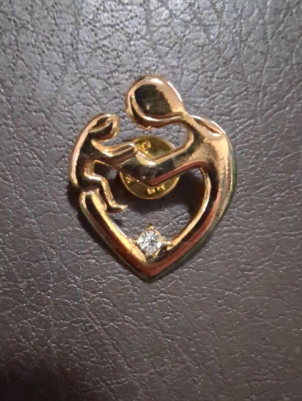 Gold Mother & Child Heart Pin with Clear Stone